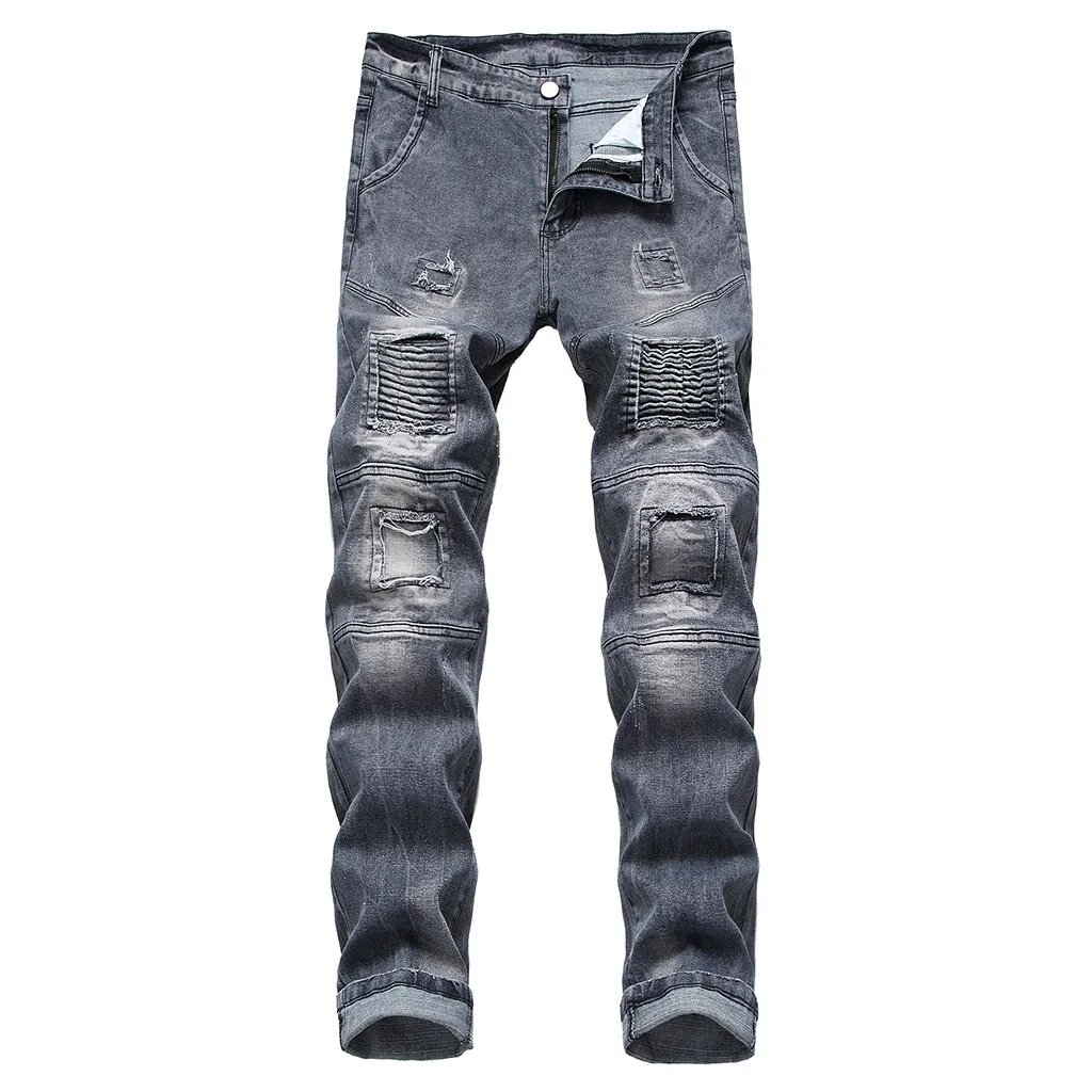 Hole Fold Striped Jeans 2018 Men's Stretchy Ripped Skinny Biker Jeans ...