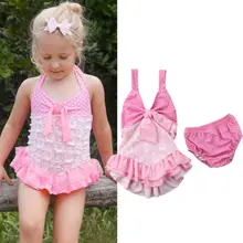 Комплект из 2 предметов для маленьких девочек; кружевной комплект бикини с цветочным принтом; купальный костюм в горошек; пляжная одежда с открытой спиной; купальник с низкой талией; купальный костюм для девочек