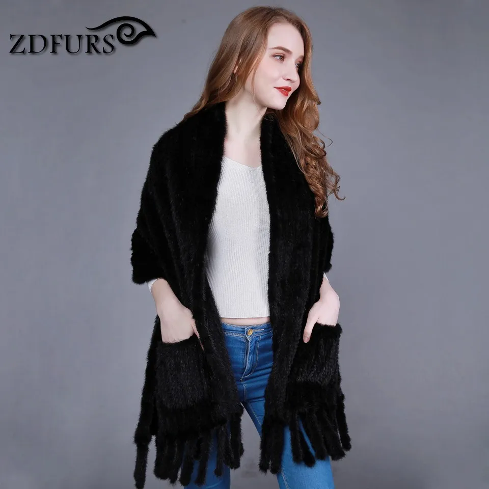 ZDFURS* Натуральная меховая шапка шаль с карманом и бахромой норковый меховой плащ норка трикотаж накидка с кисточками шарф
