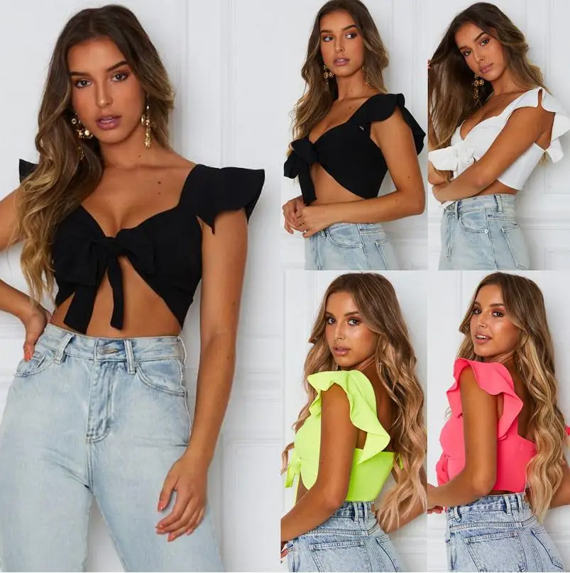 Latest Popular Women Short Ruffled Sleeve Crop Top Front Knot Tie Ladies Casual Plain Tanks Tops Summer Short Tops with Bow