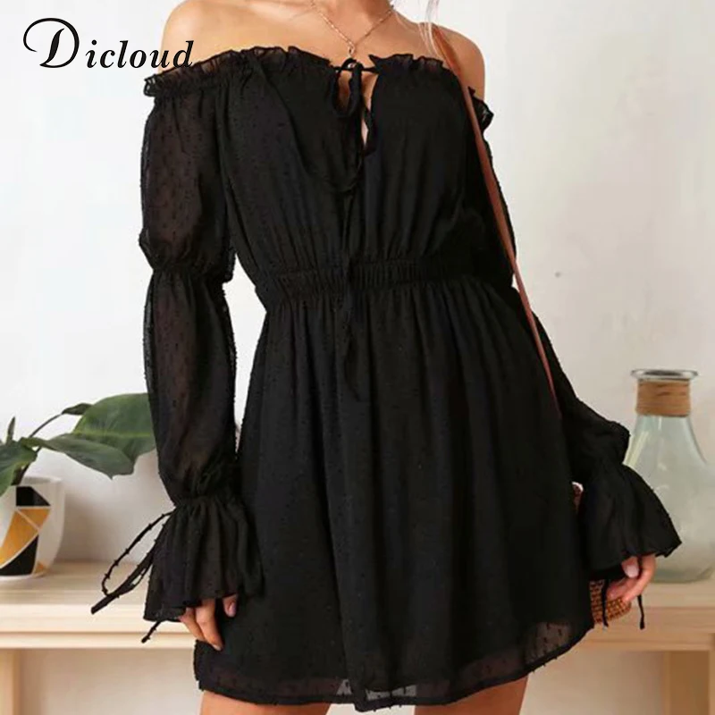 

Dicloud off shoulder elegant ruffles black dresses women autumn winter long sleeve lace up party vestidos de fiesta sexy dress