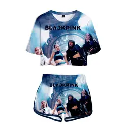 Kpop черные розовые женские комплекты с принтом новый альбом Большой размер Сексуальная футболка с коротким рукавом и короткие штаны летняя