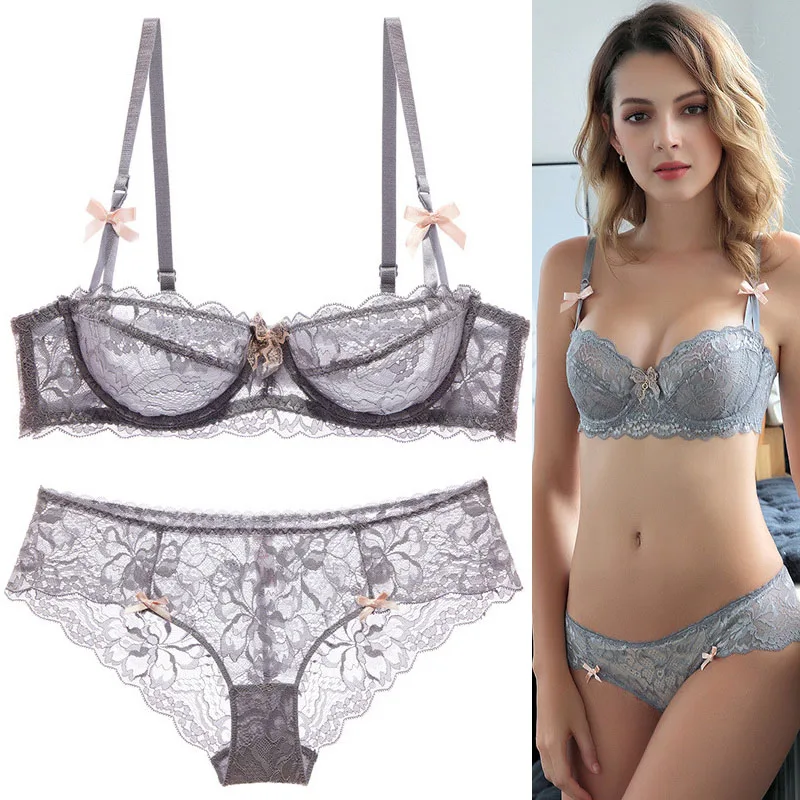 Sexy Lace Bras for Women Underwear sets Push-up bra Lingerie set 3 bundles with closure Grey Transparent Bra plus size 32 42