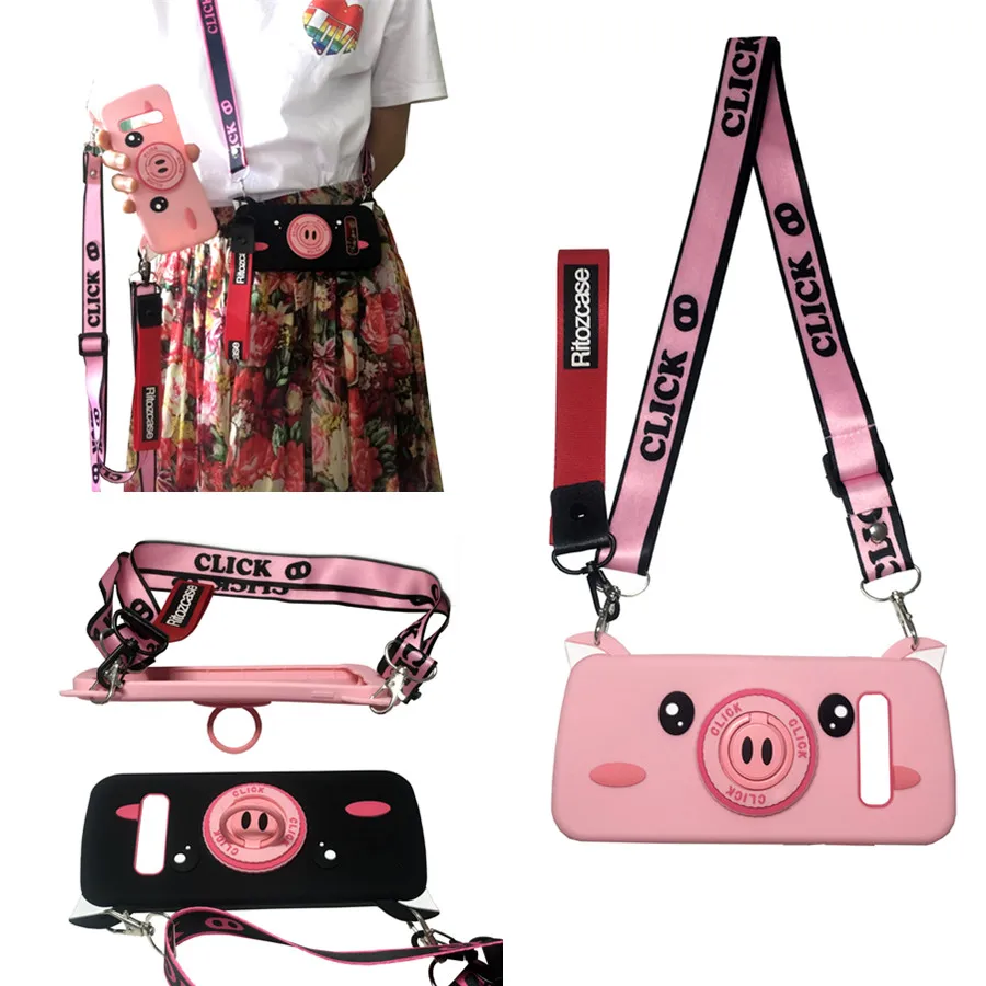 

3d pig ring holder shoulder strap silicone case for samsung galaxy s10 s8 s9 plus A9 A7 J4 J6 plus 2018 case cover cute cartoon