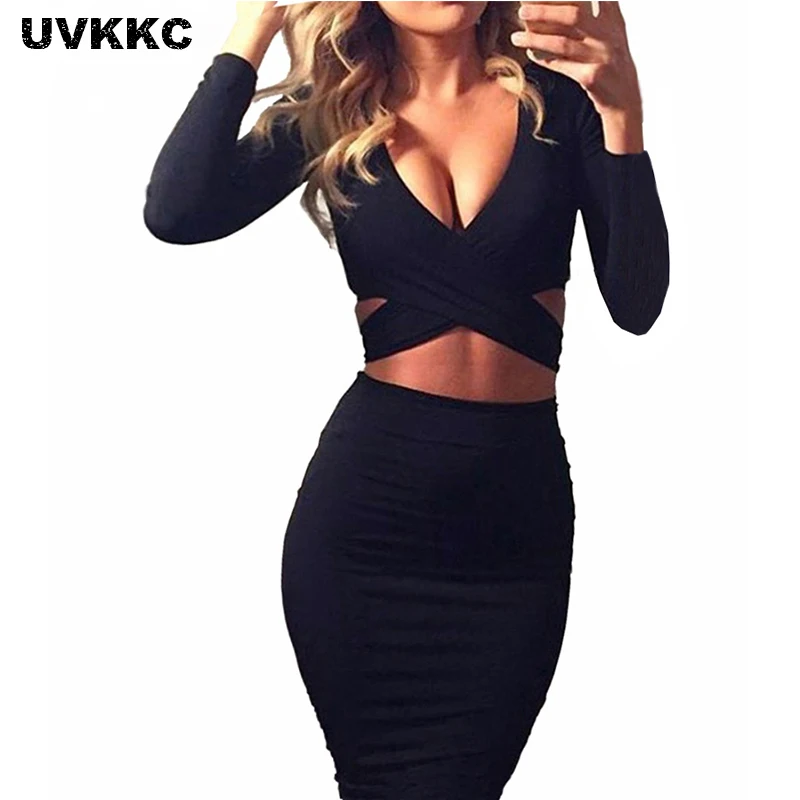 

UVKKC Women Sexy Bodycon Dress Criss Cross Women Spring Long Sleeve Night Club Wear Evening Party Dresses Black Bandage Vestido