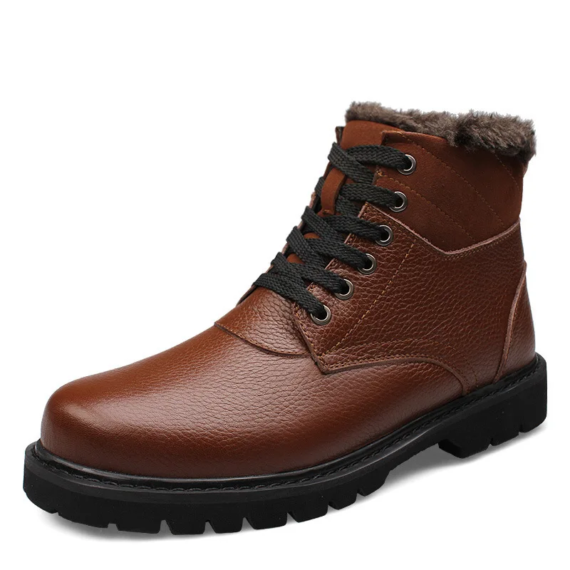 Couro Homem Do Sapatos Espessura Dentro up Inverno Dos Grãos Tornozelo Lace Pelúcia Cheio Neve Da Botas Homens Genuíno Quente De Motocicleta IwCqaw7