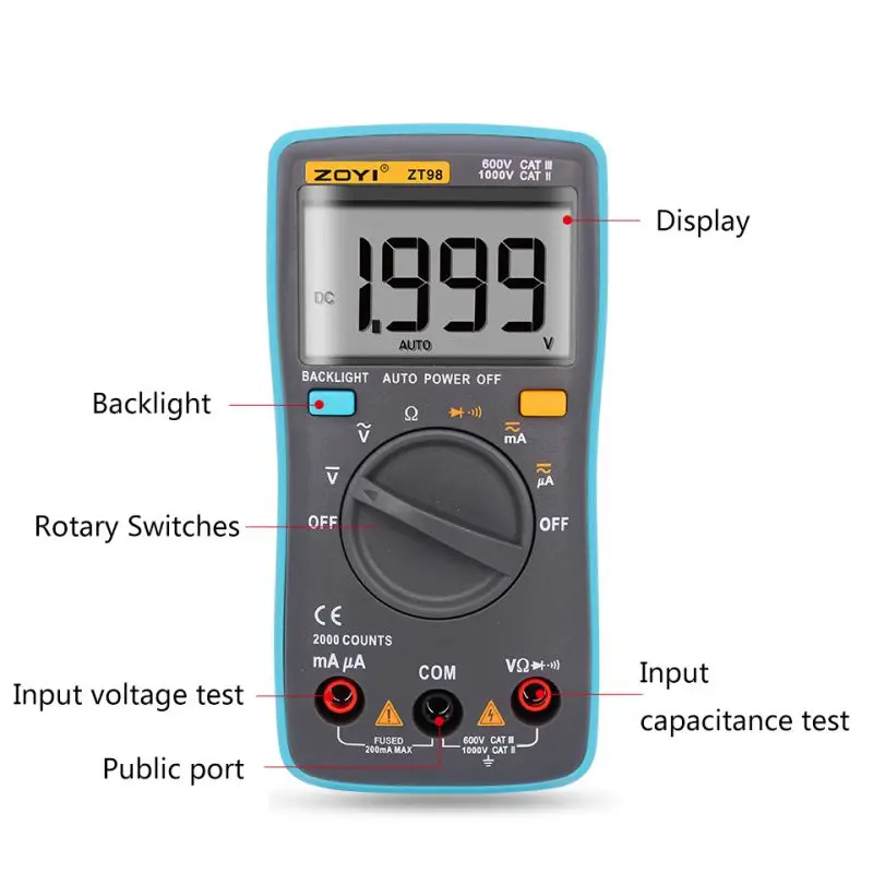 

ZT98 Digital Multimeter 2000 counts Backlight AC/DC Ammeter Voltmeter Ohm Portable Meter multimetro