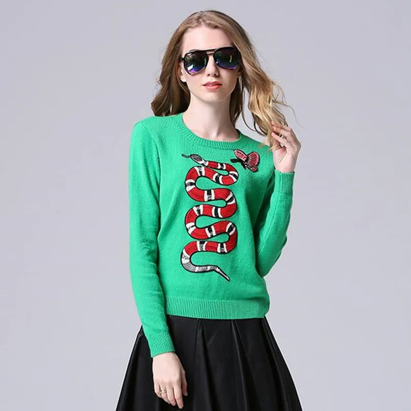 New 2016 Winter Butterfly Salamander Embroidery Sweater Green Long Sleeve Cashmere Sweater Women Sweater Jersey Mujer
