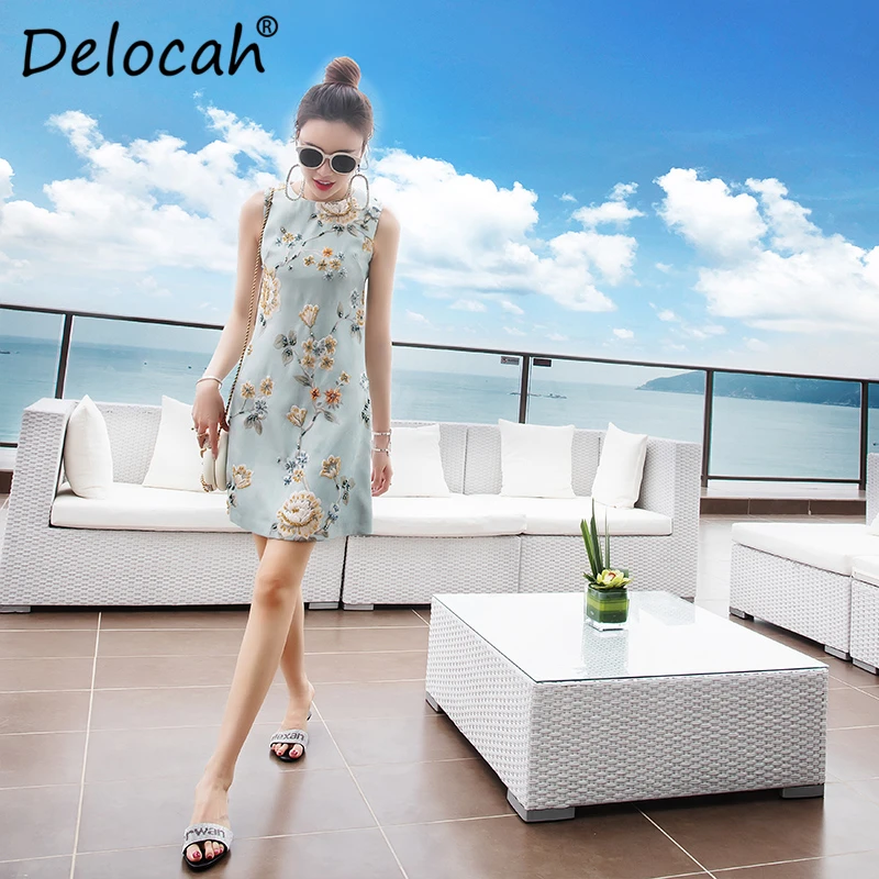 

Delocah Women Spring Summer Dress Runway Fashion Designer Sleeveless Gorgeous Crystal Embroidery Casual Mini Slim Ladys Dresses