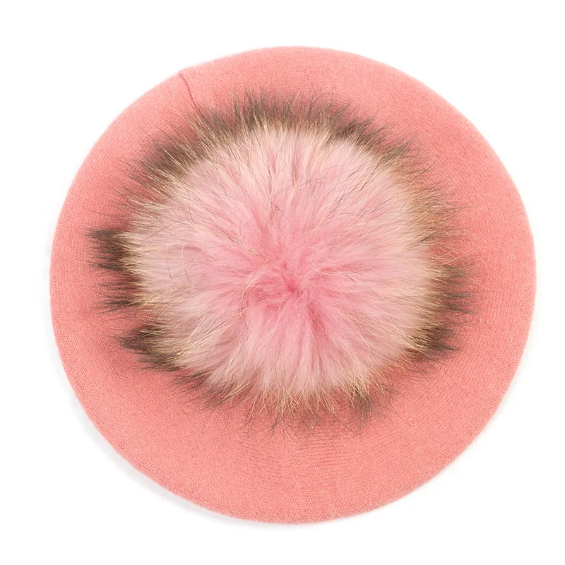 Geebro, женский берет, шапка, зимняя, повседневная, Вязанная, кашемировые береты с мехом енота, с помпоном, Femme, французский, Одноцветный, берет, шапка - Цвет: Pink B