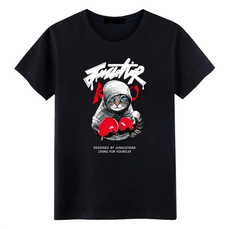 

2019 Loose large-size men's short-sleeved T-shirt pure cotton round collar boxing cat print Cartoon O-Neck t shirt men clothing