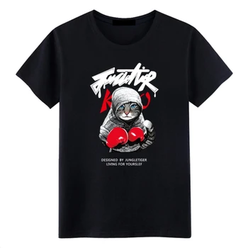 

2019 Loose large-size men's short-sleeved T-shirt pure cotton round collar boxing cat print Cartoon O-Neck t shirt men clothing