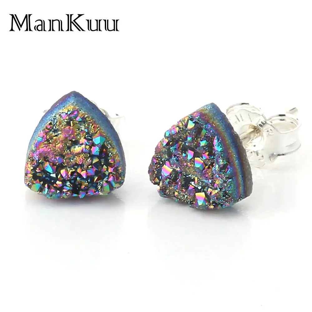 

Mankuu Triangle 925 Sterling Silver Stud Earrings 8 Colors Fashion Druzy Earrings Fashion Tiny Natural Stone Earrings For Women