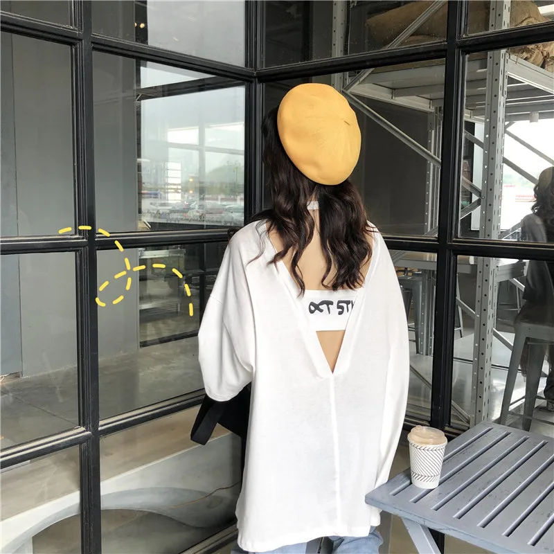 Harajuku креативная женская футболка с открытой спиной, летняя новая футболка с буквенным принтом, женские корейские повседневные свободные мягкие топы, Длинные футболки