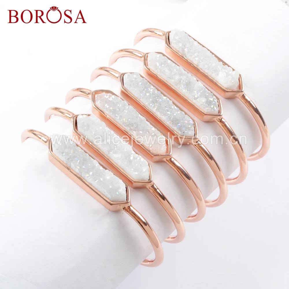 

BOROSA 5PCS Hexagon Rose Gold Color Bezel Titanium Rainbow Druzy Bar Bangle Natural AB Drusy Bracelet Jewelry for Women ZR0274