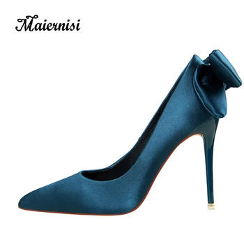 

MAIERNISI New Bow Ladies Pumps Satin Wedding Shoes Pointed Stiletto Banquet High Heels 10.5cm Elegant Style High Heels