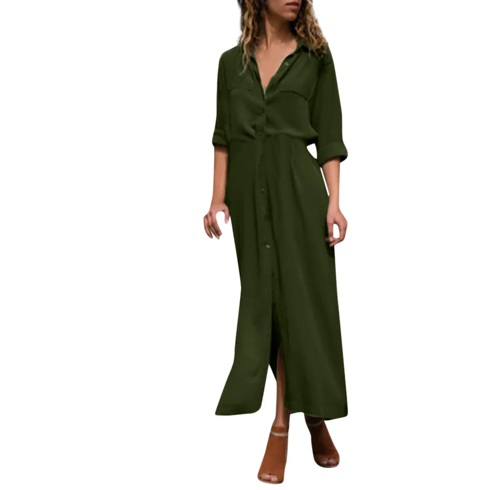 

Feitong Minimalist Office Lady Dress Women Solid Color Long Sleeve Casual Dresses Loose V-Neck Button Split Hem Long Dress 2019