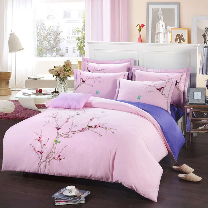 Plum Tree Colorful Birds Embroidered Cotton Bedding Set Queen King Size Pink Duvet Cover Purple Bedspread 4pc Set Bed In A Bag Cotton Dress Plus Size Bed Stepbed Set Cotton Aliexpress