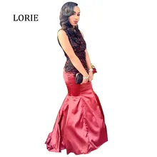 Langen Roten Satin Meerjungfrau abendkleid 2016 Appliqued Mit Schwarz spitze Open Back Formales Abschlussball-partei-kleid vestido longo para festa