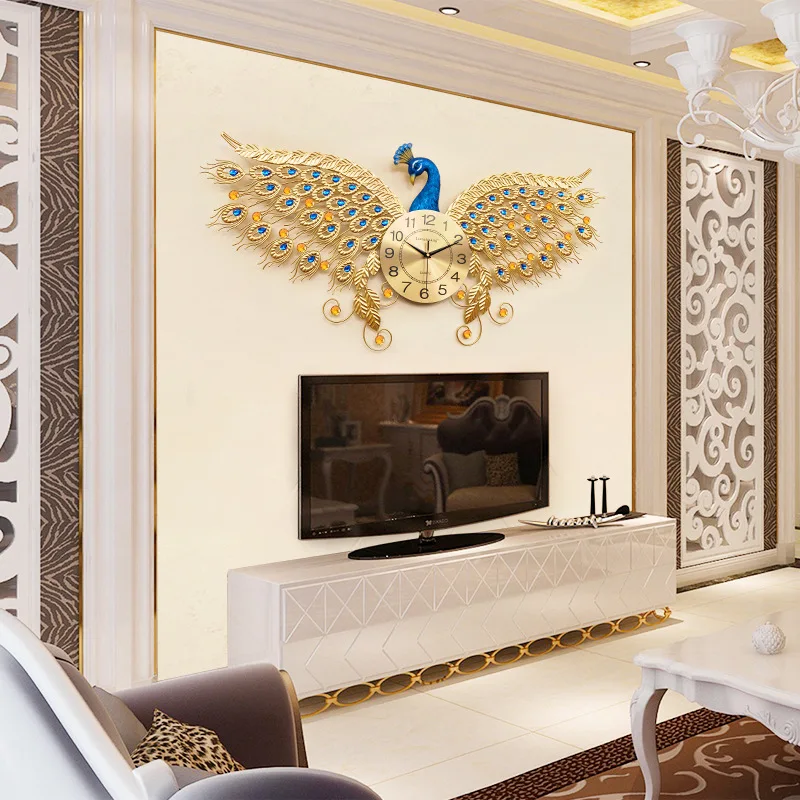 

Creative Large Wall Clock Mute Quartz Peacock Diamond Clocks Wall Watches For Living Room Modern Design Mute Metal Wall Watch
