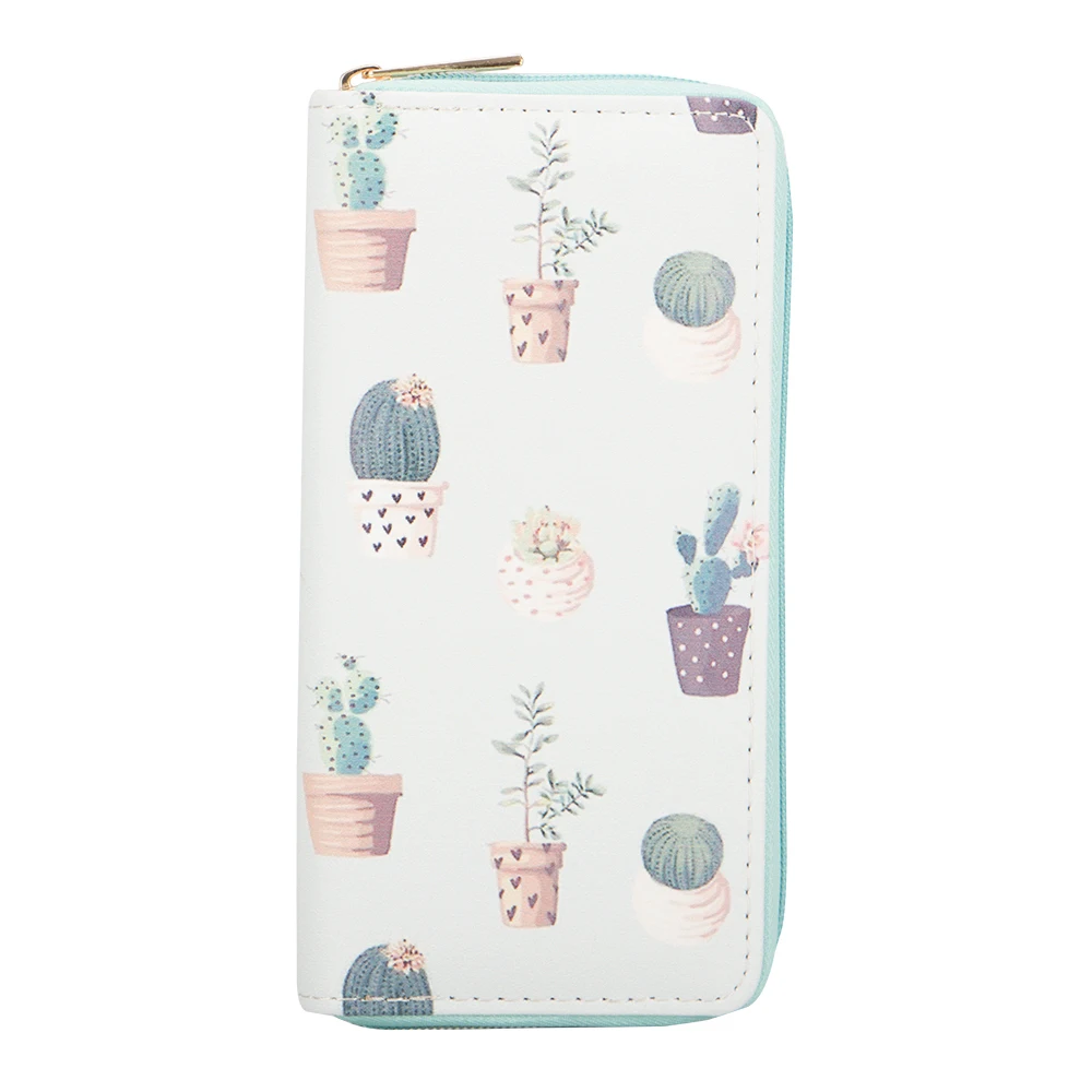 

Sansarya Cute Loveable Green Cactus Plant Printed Women Wallet Ladies Long PU Leather Gilrs Card Holder Money Purse with Zipper
