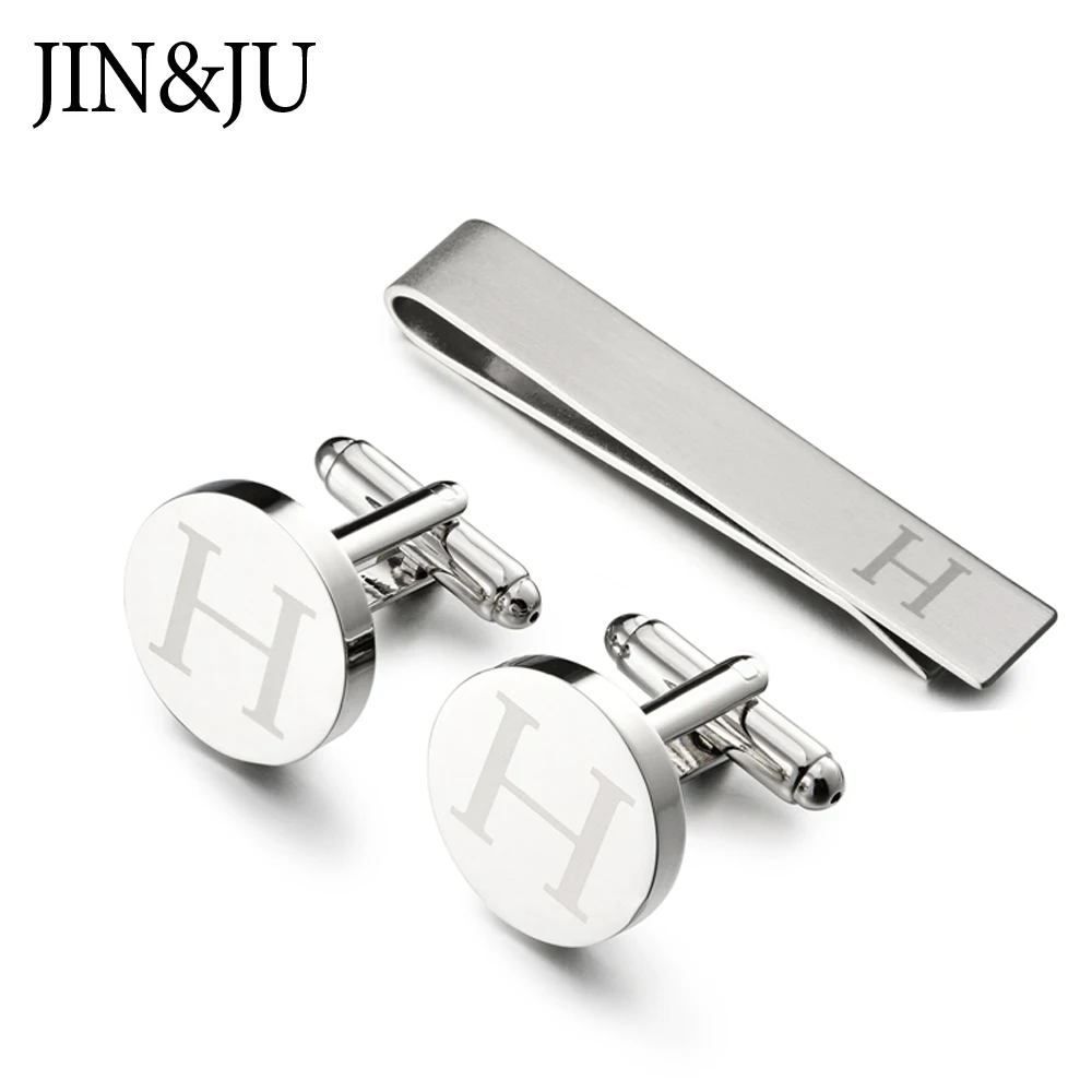 

JIN&JU Round Shaped Men Jewelry Imitation Rhodium Plated Laser Letter H Cuff links & Tie Clips For Mens Shirt