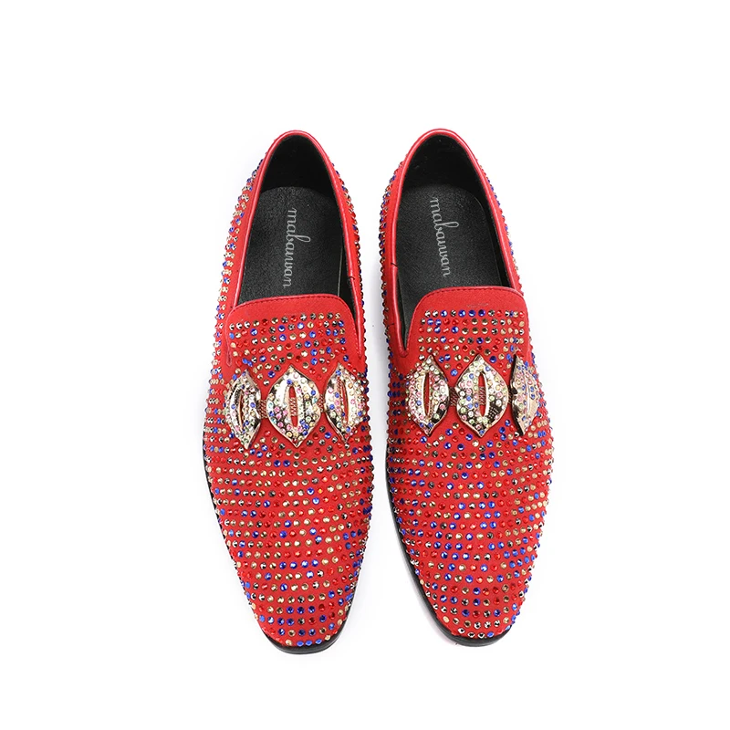 Espadrilles rouge Occasionnels Mabaiwan Chaussures Daim En Cristal Véritable Mode Mocassins Noir De Appartements Strass Cuir Robe Mariage Hommes PTkZuOXi
