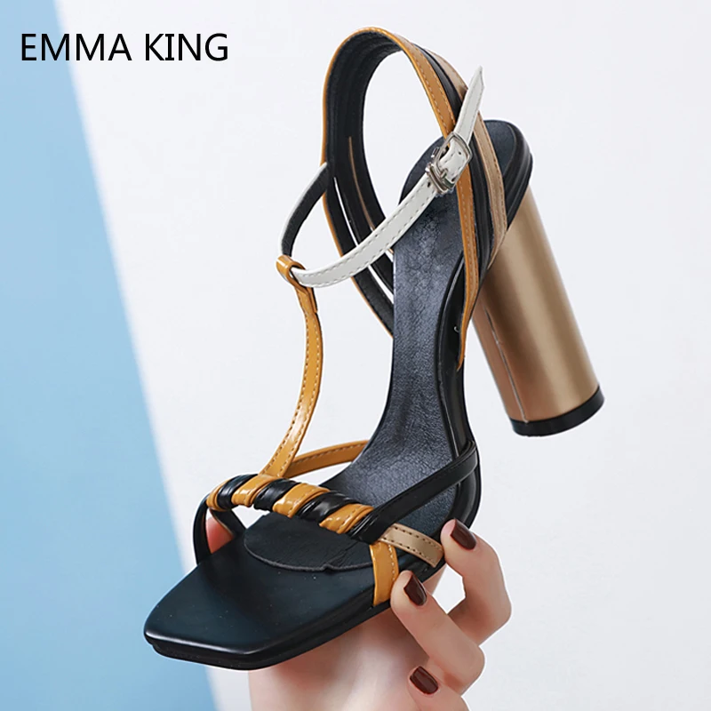 

Sandals Female Round Heels Buckle Peep Toe Summer Party Shoes Woman Nightclub High Heels Multicolor Square Toe Sapato Feminino