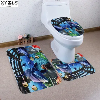 

XYZLS 3 Pcs Brand New Fish and Dolphin Anti Slip Toilet Carpet Bathroom Mat Coral Velvet Toilet Mats Three Sets of Bath Mat