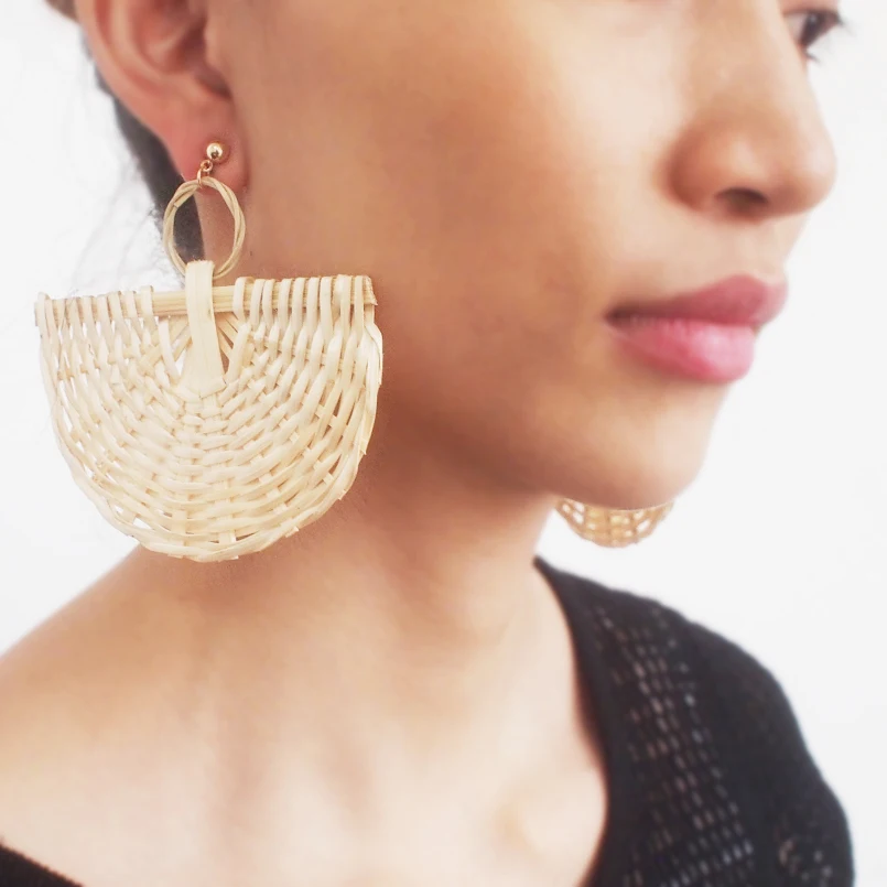MANILAI Trendy Korea Earrings For Women Wood Straw Rattan Knit Drop Dangle Earrings Big Jewelry Statement Earrings Wooden Female