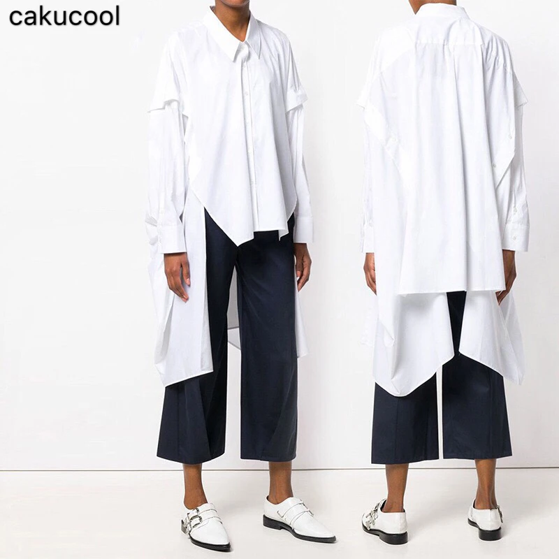 

Cakucool Large size 2019 spring and autumn loose shirt irregular design simple solid color white ladies long-sleeved shirt
