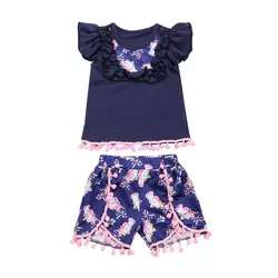 Великобритания со одежда для малышей с оборками для девочек жилет топ, футболка + Детские шорты с цветочным принтом одежда детский комплект