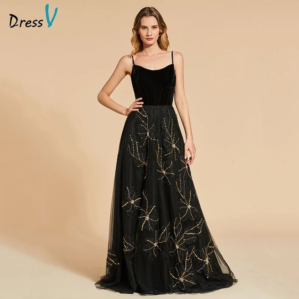 Black Dressv Черное вечернее платье на тонких бретельках без рукавов трапециевидной формы с аппликацией в пол свадебное вечернее платье es - Цвет: Black