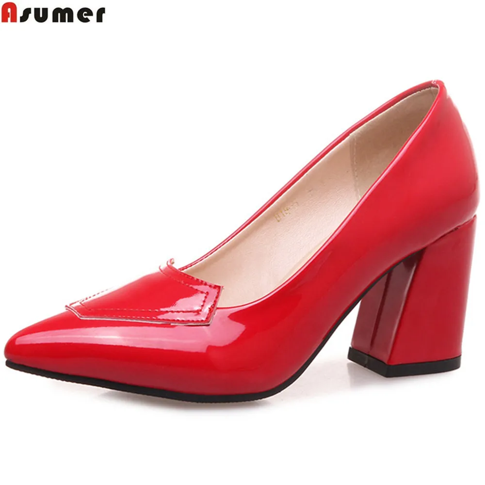ASUMER/красные, бежевые, черные элегантные дамские туфли с острым носком свадебные туфли на квадратном каблуке женские туфли на высоком каблуке Большие размеры 32-46