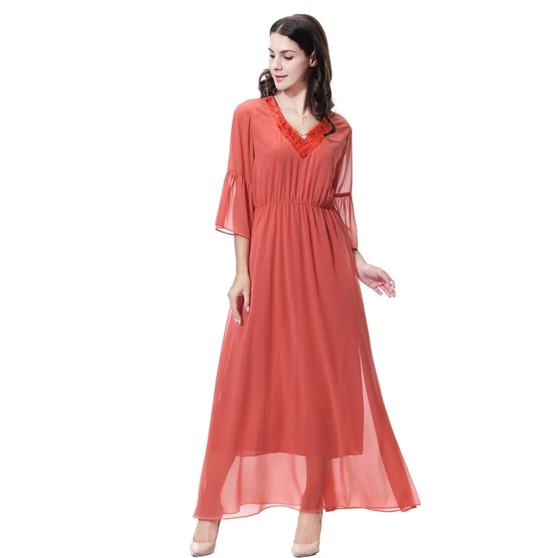 

New SILVERCELL Arabian Woman Chiffon Dress Medium Sleeve Embroider Muslim Islamic Handmade Crystal Decoration Dress