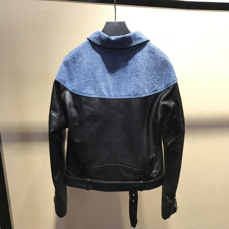 European style women's real leather jackets Fashion 2019 spring denim patchwork sheepskin moto & biker jackets coat G119