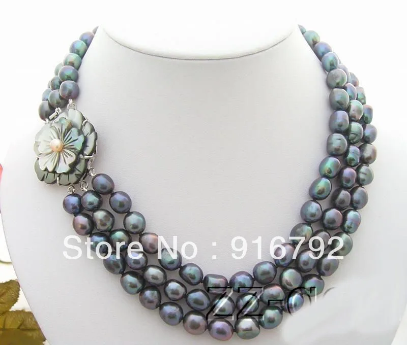 

free shipping >>>>>3Strds Black Baroque Pearl Necklace-Cameo Flower Clasp