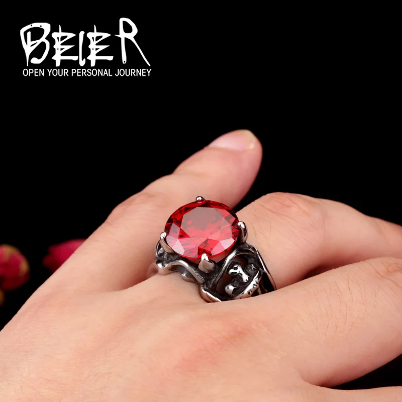 BEIER New Big Red Stone Ring For Men Stainless Steel Fashion Unique Jewelry Party gift BR-Q017