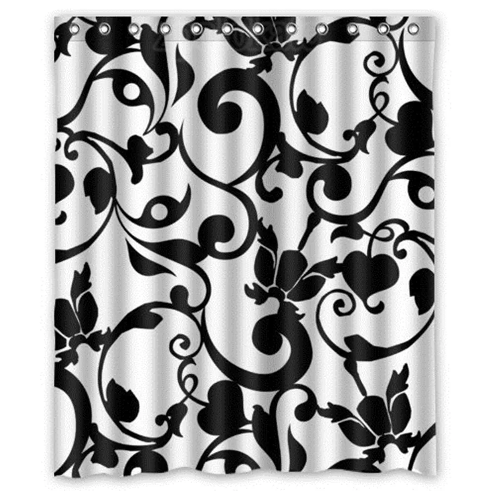 

Waterproof Bathroom Fabric Shower Curtain Black and White Damask Pattern Classic Vintage French Floral Swirls Print Design