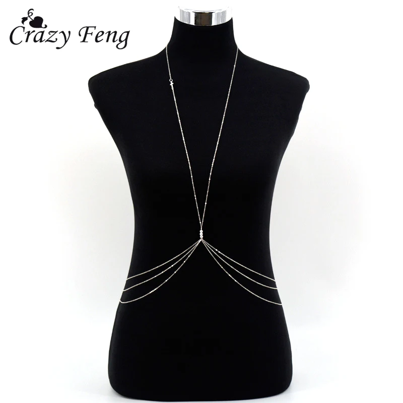 

New Hot Women's Sexy Imitation Pearl Body Chains Ladies Copper Alloy Chest Chain Bikini Body Jewelry Necklace Summer Accessories