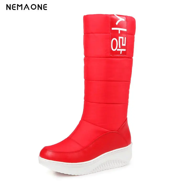 

NemaoNe SIZE 35-44 Ladies snow boots wedges heels slip on women winter boots fur inside mid calf boots sweet shoes
