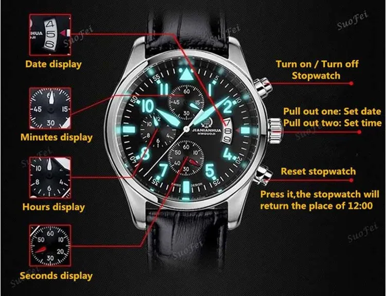 Хронограф секундомер световой водонепроницаемый 100m армии дайвинг работает спортивная люксовый бренд мужские кварцевые часы подлинное кожаный ремешок
