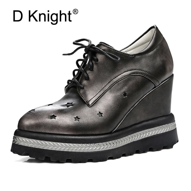 New Spring Wedge Heel Pumps Platform PU Leather Oxfords Casual Lace up