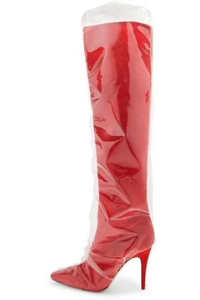 

Pointed Toe Fashion Red High Heel Long Boots Transparent Over-the-Knee Sexy Thin Heels Shoes Stylish Rome Party Shoes
