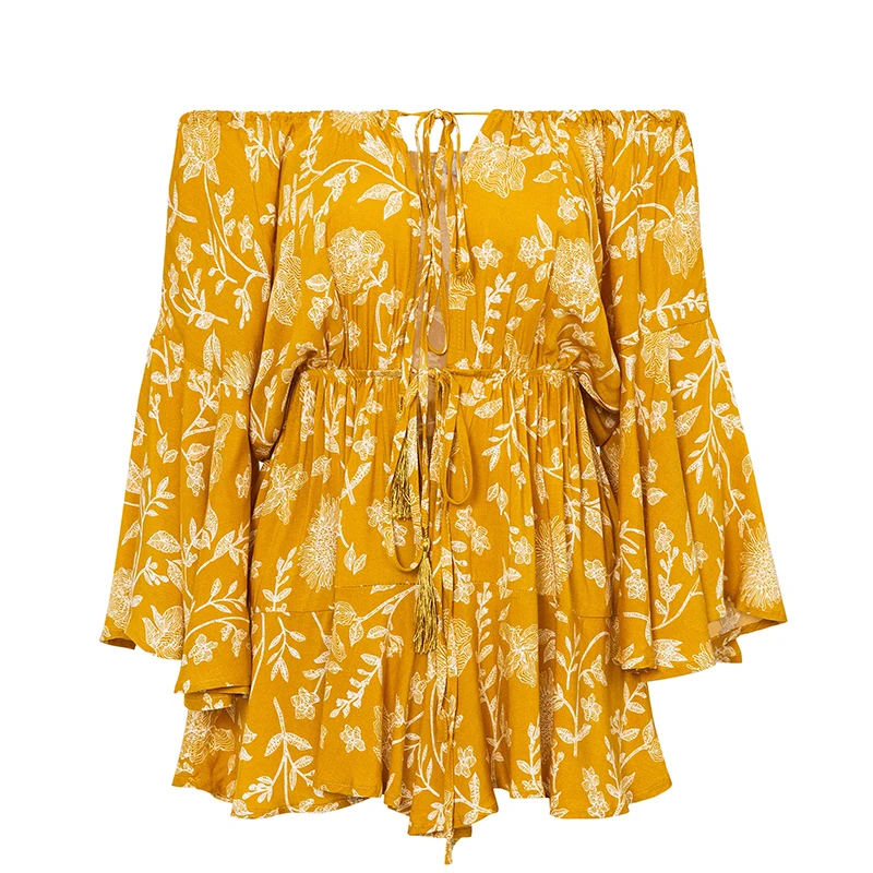 Yellow-2 Conmoto Сексуальные короткие комбинезоны с открытыми плечами, красный пляжный ромпер со шнуровкой, жёлтый ромпер с широкими расклешёнными рукавами - Цвет: Yellow-2