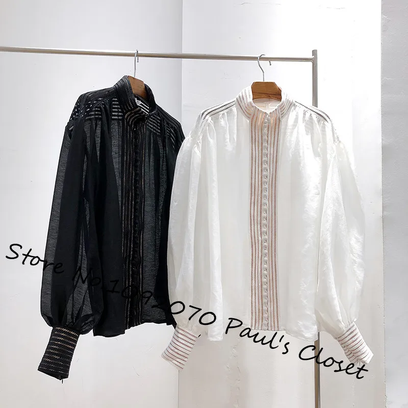 

Women Drop Shoulders Linear Crochet-Inset Linen Blouse