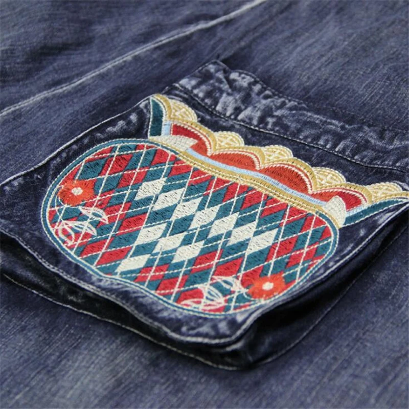 La Femmes Vintage Long À Blue Lâche Broderie Manteaux Denim Cardigans Automne Veste Capuchon Occasionnel D'hiver Manteau Femme Taille Poche Plus rrtdqw0