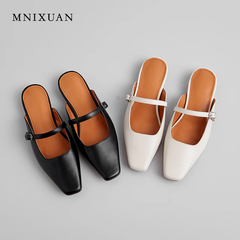 

MNIXUAN Fashion women pumps shoes low heels mules 2019 spring new cowhide square toe buckle no heel lazy solid slipper sandals