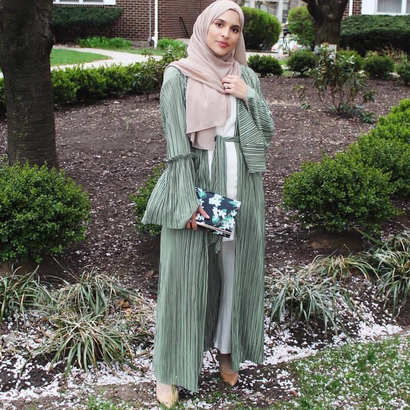 

2019 UAE Kaftan Abaya Kimono Dubai Women Pleated Cardigan With Hijab Muslim Dress Robe Musulmane Longue Turkish Islamic Clothing