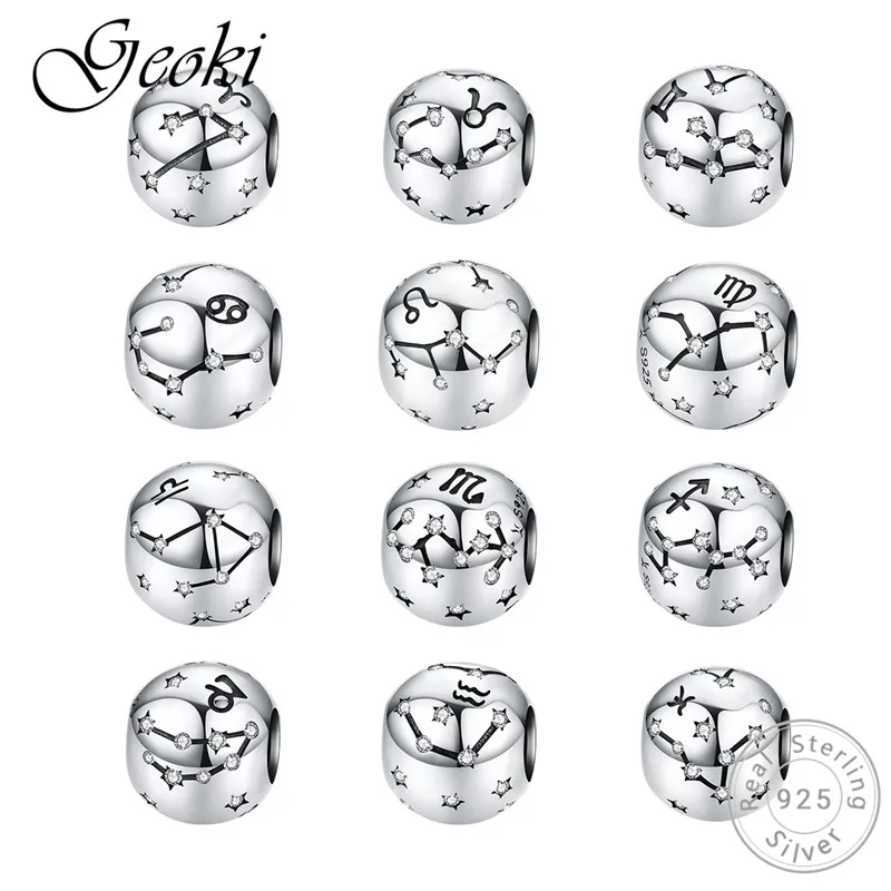 

Geoki 925 Sterling Silver 12 Constellation Zodiac Round Cubic Zirconia Charms fit Pandora Bracelet S925 Original Star CZ Beads